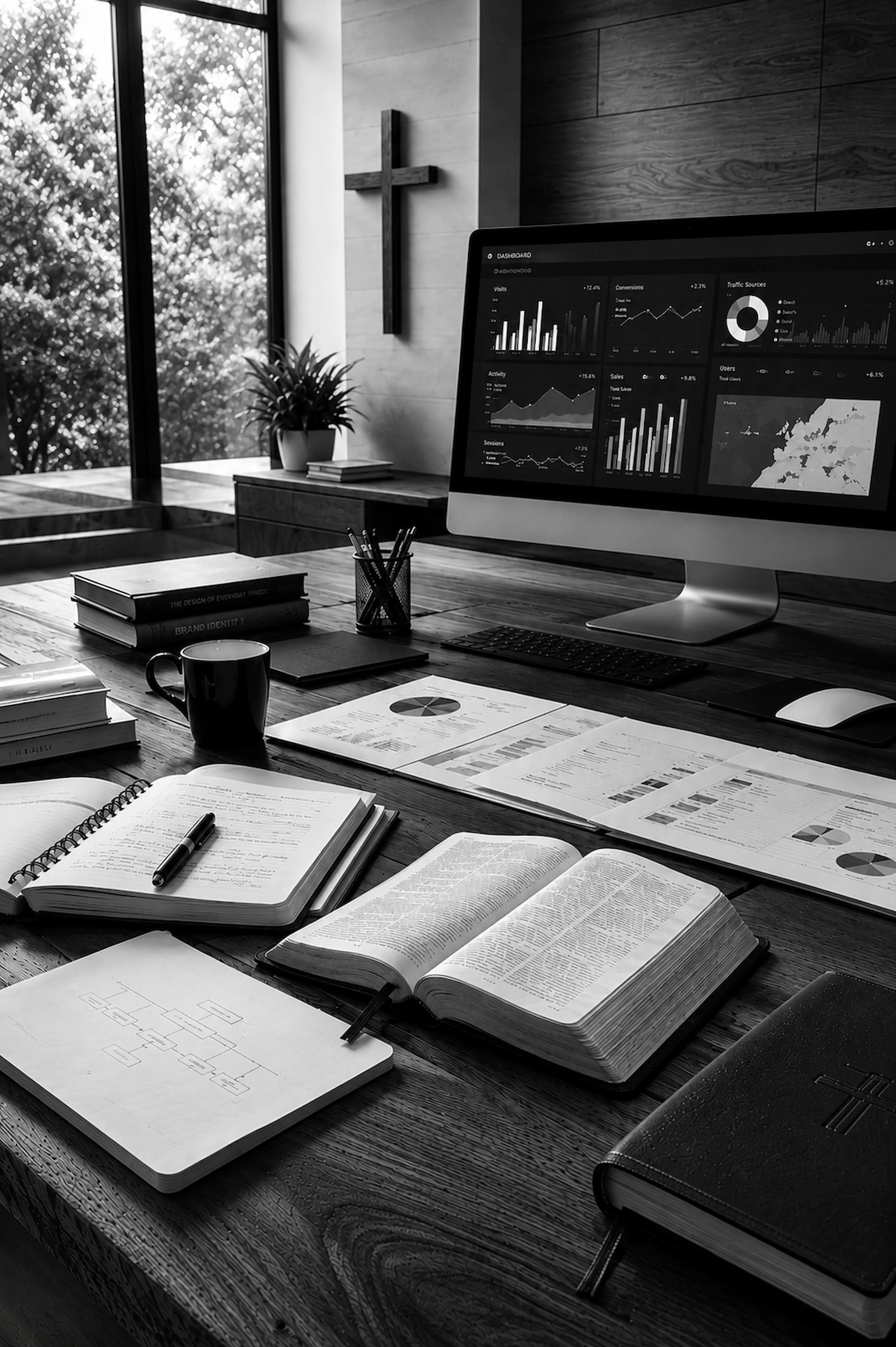 A desk with a Bible, notebooks and an analytics dashboard